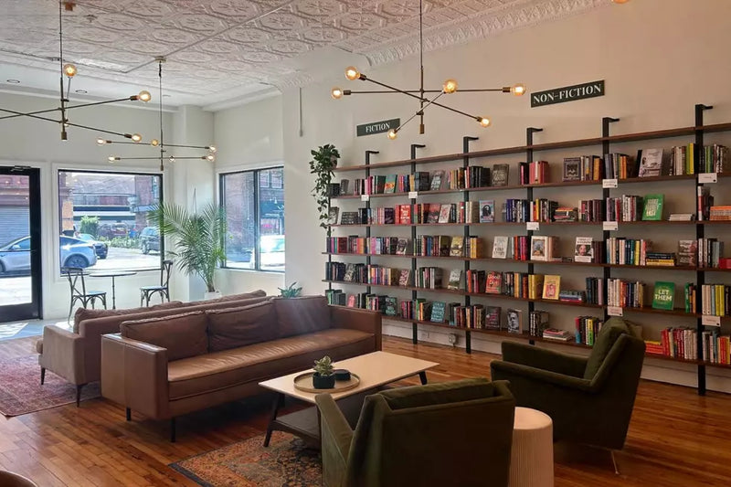 Queen City Coffee Roasters Plainfield lounge seating and bookshelves